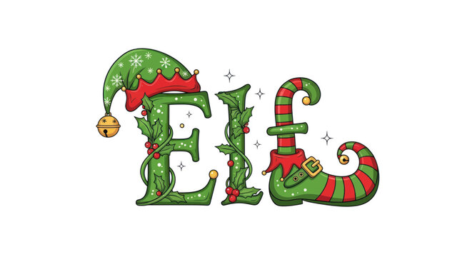 Festive Elf Word Illustration with Christmas Hat and Shoes