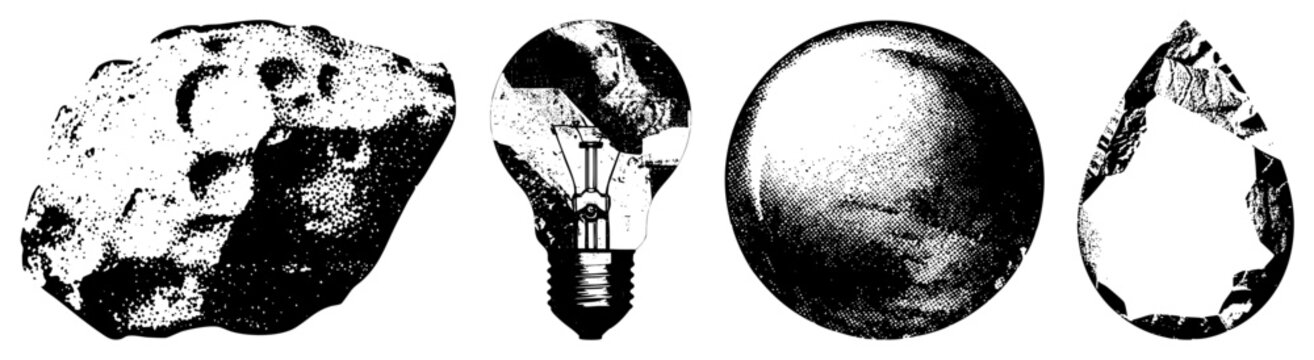 Textured shapes featuring a jagged space rock, glowing lightbulb, celestial sphere, and cosmic droplet. These halftone elements provide a gritty, vintage aesthetic for various projects.