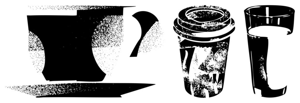 Collection of various caffeine vessels featuring a coffee mug, a takeaway cup, and a tall glass. This gritty java container set uses a heavy halftone stencil style for a raw look.