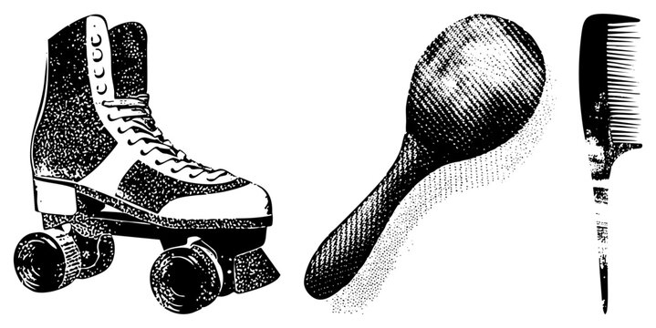 Retro quad skates and a percussion maraca featuring a gritty halftone texture. This funky pair of roller derby gear and musical shaker instruments adds a rhythmic vibe to any design.