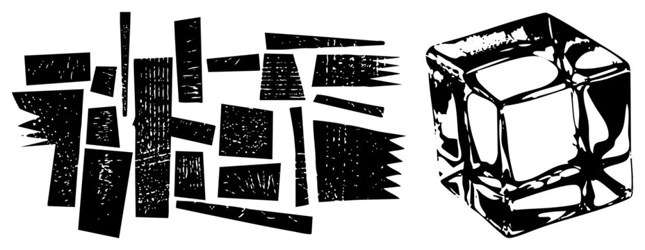 This collection of distressed geometric blocks and a glitchy polyhedral shape features heavy texture. These jagged scraps and broken cubic elements create a gritty, stencil like aesthetic.