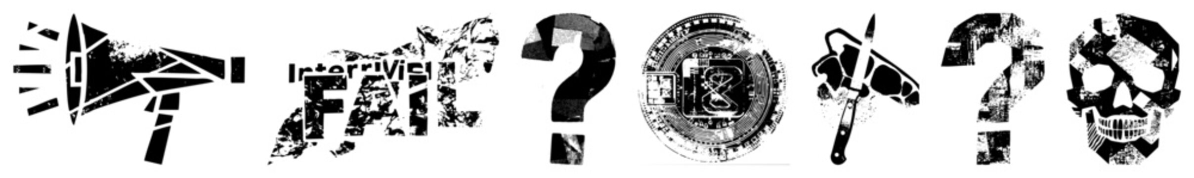 This punk rock assembly features a loud bullhorn and a deaths head skull. A broken question mark alongside a jagged knife and text collage creates a raw, distressed aesthetic.