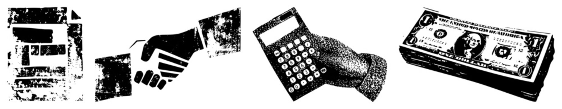 Collection of grunge assets featuring a firm handshake, a stack of greenbacks, and a handheld calculator. These business deal and money stacks represent professional transactions.