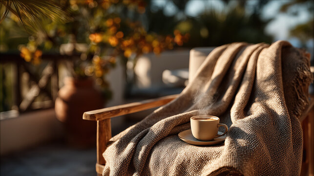 Cozy armchair with blanket and hot coffee cup in warm sunlight