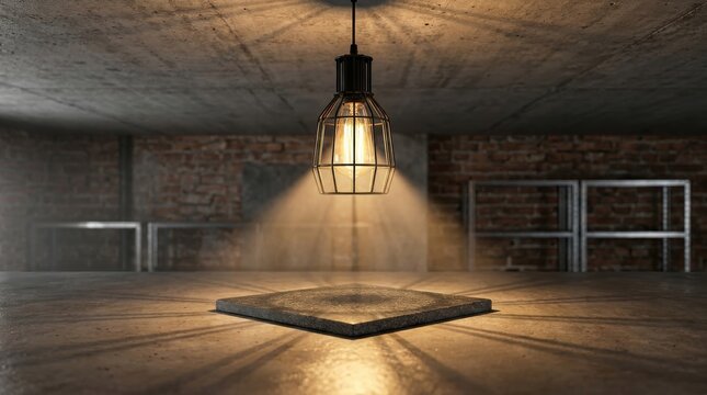 Industrial cage pendant lamp with visible filament bulb casting dramatic light on a concrete display platform in a loft setting
