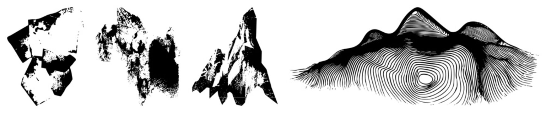 This collection features various mountain silhouettes, from jagged peaks to flowing topographic contours. These earthy landforms, including craggy ridges and hill masses, offer a striking contrast of