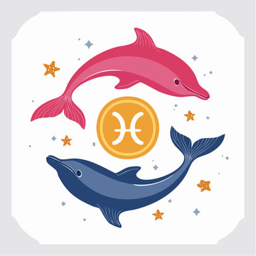 Pisces Zodiac Symbol with Dolphins and Stars