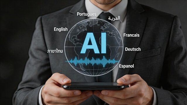 Artificial intelligence global communication concept showing world map with multiple languages including English, Spanish, French and Arabic for translation and voice recognition