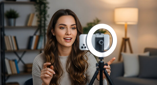 Young woman vlogging with ring light and smartphone for online content creation during a home session