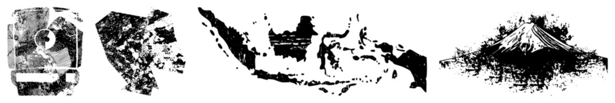 Gritty stencil style featuring an archipelago map, islands, and a majestic volcano. This weathered collection includes a topographical map and a mountain peak in a vintage ink aesthetic.