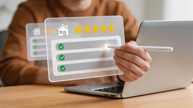Customer rating review checklist on laptop screen, five star feedback satisfaction survey, real estate property evaluation or service quality assessment form with checkmarks for
