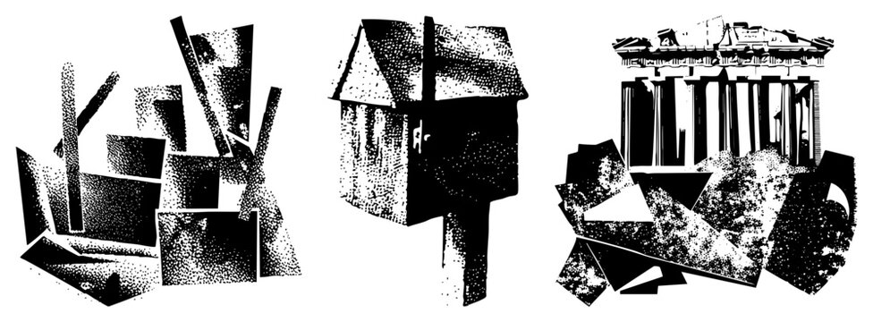 This textured assemblage features a small wooden hut, classical ruins, and geometric scraps. These gritty pieces, including a tiny shack and ruins, form a raw collage of architectural debris.