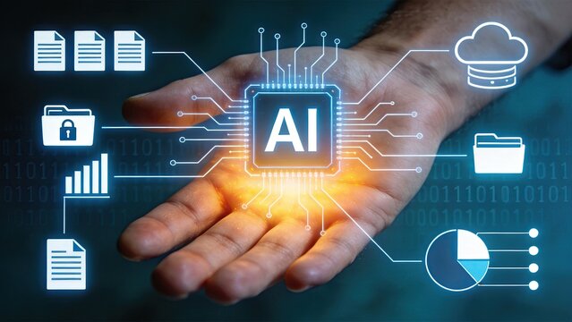 Hand holding glowing AI microchip connected to cloud storage and security folder icons, depicting advanced machine learning algorithms protecting sensitive data and enabling