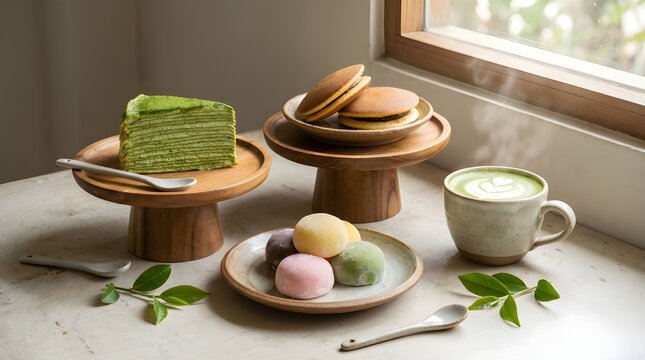 A warm atmospheric setting featuring green tea layer cake, stacked dorayaki, mixed mochi balls, and a steaming cup of matcha latte by a bright window.