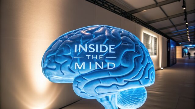 Blue Illuminated Model of Brain with Inside the Mind Message