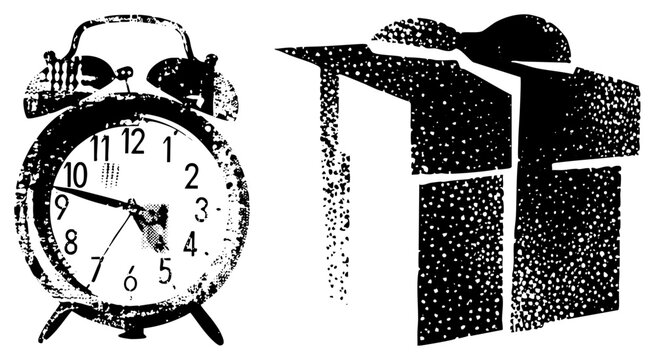 Distressed bell timekeeper alongside a present, featuring a weathered tick tock and a wrapped surprise. This gritty duo shows an old school and a celebratory parcel.