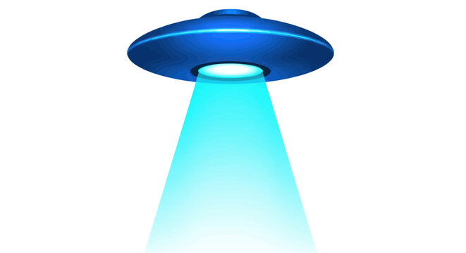Blue Flying Saucer UFO with Beam Light on White Background