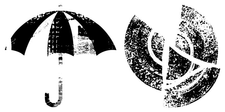 Weathered brolly and rain gear set featuring a gritty texture. This vintage parasol and circular display a heavy stencil aesthetic for rugged designs.