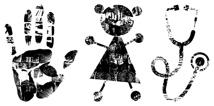This textured collection features a messy handprint, a simple rag doll, and a medical stethoscope. These gritty elements include a little kid drawing, a raggy playmate, and healthcare tools.
