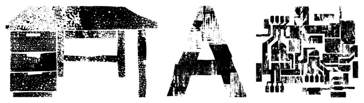 Gritty textured letters featuring a mix of heavy block shapes and technical motherboard traces. This urban stencil style combines a techy circuit board with raw, weathered block type.
