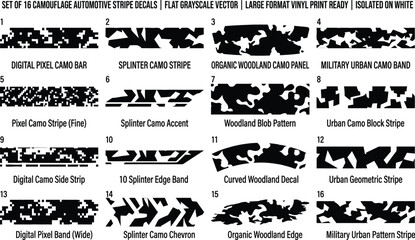 Set of sixteen camouflage automotive stripe decals featuring flat grayscale vector illustrations for large format vinyl print ready car wraps © ΠISH4N I5L4M