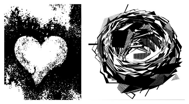 This duo features a distressed love symbol, or sweetheart, alongside a chaotic vortex of sharp and a jagged whirl. The textured heart and the dark cyclone create a striking contrast.