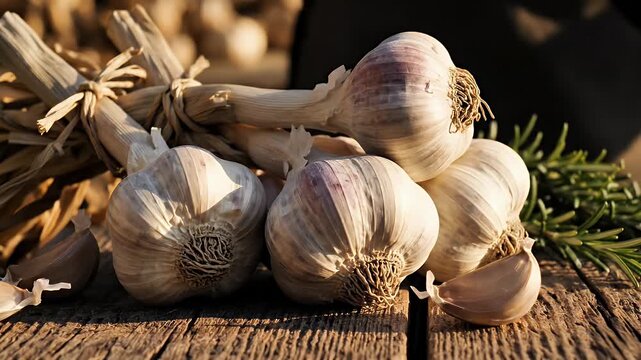A rustic bundle of garlic bulbs with dried stems resting on a sunlit wooden table