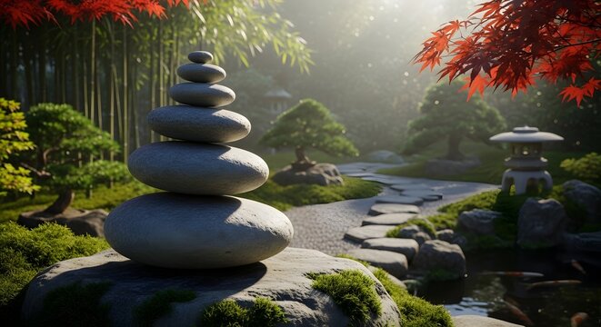 Peaceful Zen Garden with Stacked Stones

Japanese Meditation Garden Landscape

Harmony and Balance Nature Scene

Tranquil Spa Garden with Stone Stack

Serene Zen Landscape for Relaxation

Meditation a