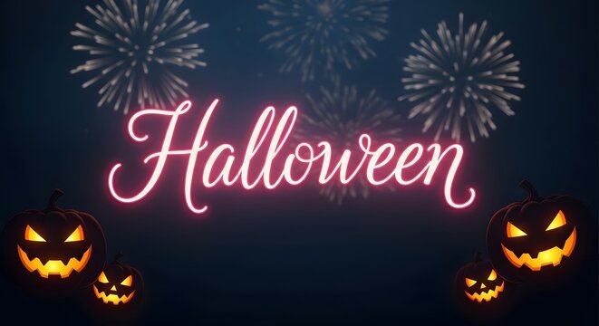 Neon glowing halloween text in cursive script with fireworks and spooky jackolantern pumpkins on dark background