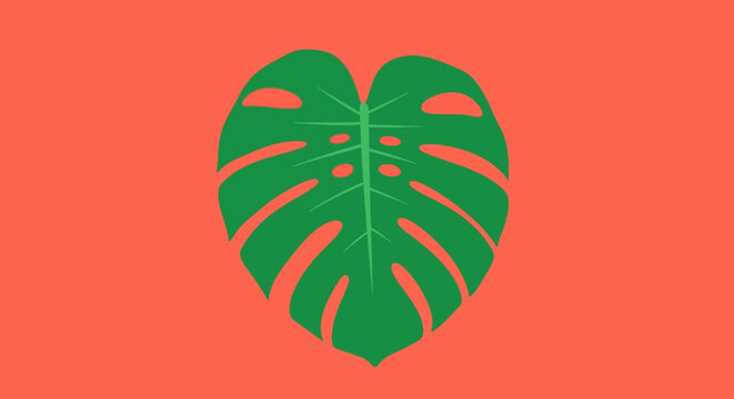 A graphic illustration of a green monstera leaf on a coral background, showcasing its unique splits and holes.