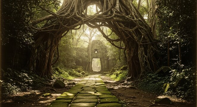 Moss Covered Stone Path Leads Through Ancient Temple Ruins in Lush Jungle