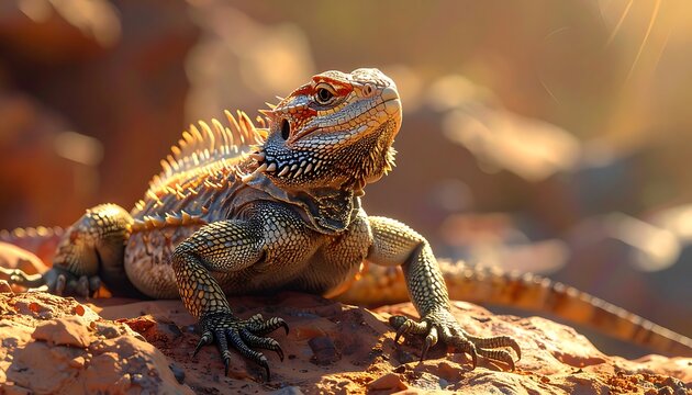 Large colorful lizard on rock formation.
