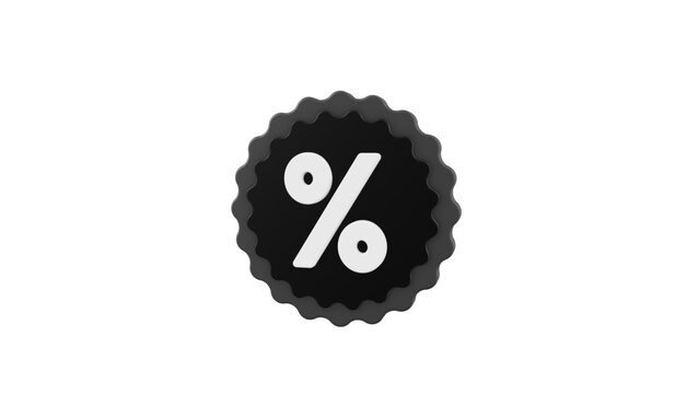 Percentage symbol inside a black scalloped circle is displayed as a 3D icon on a white background for discount and sales promotions.