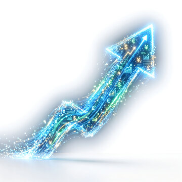 A glowing blue and green arrow chart representing financial growth and economic progress against a clean white background.