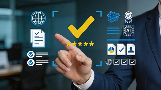 Businessman touching virtual holographic icons, artificial intelligence technology, global network connection, quality assurance, five star rating, data analysis, security check,