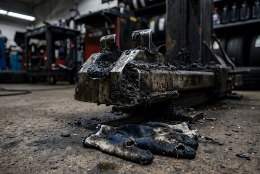 Close-up of tire changer clamp base with rubber shavings paste and a torn glove