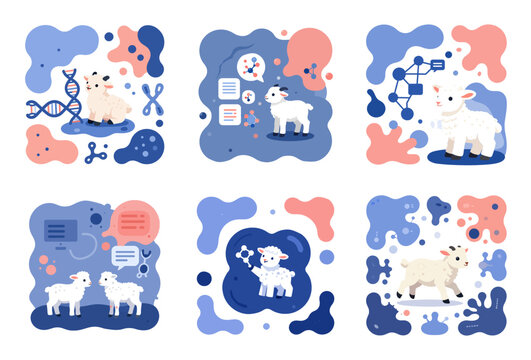 Joyful molecular genetics concept Cute lamb interacting with DNA, chromosomes, and the full genome in a modern vector illustration