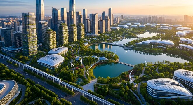 A modern, green city with skyscrapers, a lake, and futuristic architecture under a warm sky.