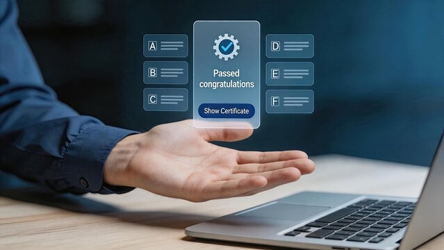 Hand holding virtual passed exam certificate, online education success screen, digital learning achievement icon with check mark symbol on interface.