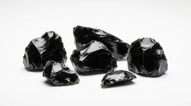 Group of six jagged black obsidian shards with sharp edges and characteristic conchoidal fracture patterns, raw volcanic glass rocks isolated on a clean white background.