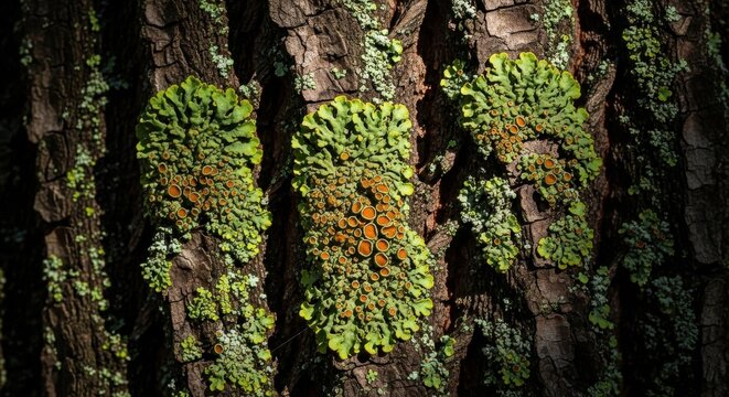 Close-up of Lichen and Moss Growing on Tree Bark Texture