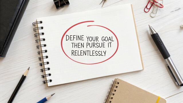 Notebook with 'Define Your Goal Then Pursue It Relentlessly' quote