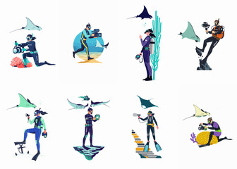 Set of flat vector illustrations depicting scuba divers, underwater photographers, and researchers interacting with manta rays and coral reefs in diverse marine environments. © Pitu