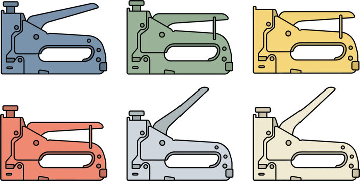 Set of staple guns in various colors a collection of essential hand tools in flat vector design ideal for DIY crafting and construction projects