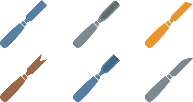 Collection of various woodworking chisels depicted in a flat vector style with subtle texture perfect for carpentry carving and craftsmanship related designs isolated on white