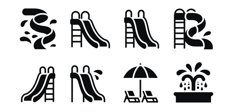 Water Slide icon illustration set with black silhouettes for Aqua park Attractions, Summer Recreation and Leisure Entertainment design.