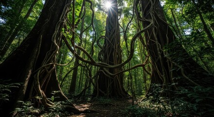 Fototapeta premium Dense Jungle Forest with Lush Vines and Sunlight Shining Through Canopy