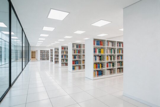 Modern library hallway with bookshelves