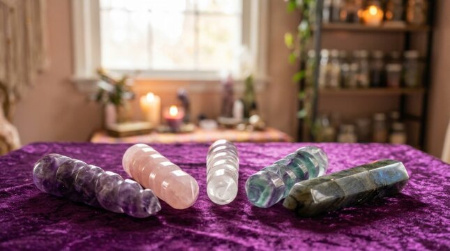 Polished crystal wands including amethyst, rose quartz, clear quartz, fluorite, and labradorite lying on a purple velvet surface with a bokeh background of candles and jars.