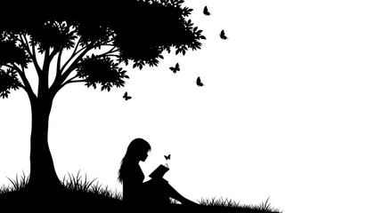 Silhouette of a girl reading a book under a tree with butterflies flying around